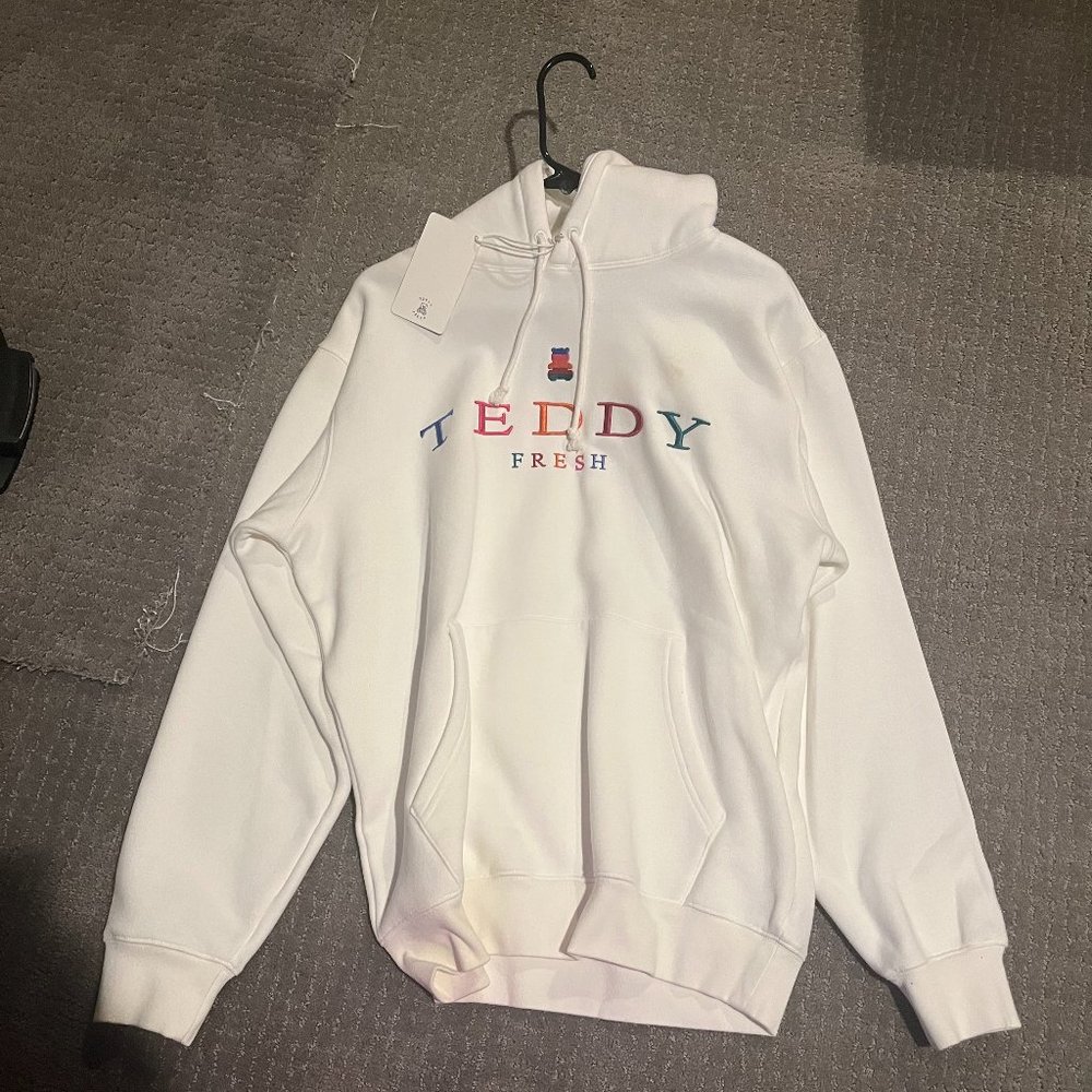 RARE Old Teddy Fresh White Hoodie Sweatshirt with Rainbow Embroidered Text